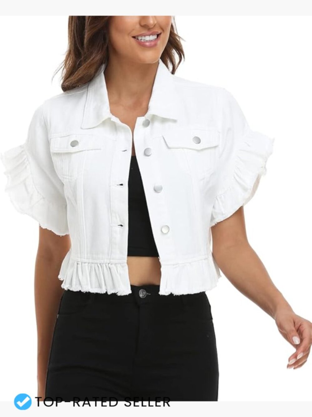 Cropped Denim Jacket Women Ruffle Sleeve Button Down Distressed Classic Chic